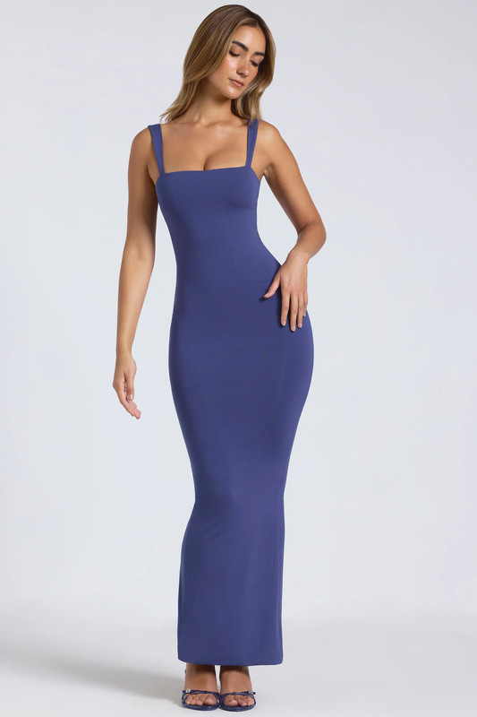 Modal Square Neck Low Back Maxi Dress in Navy - Size:XXL